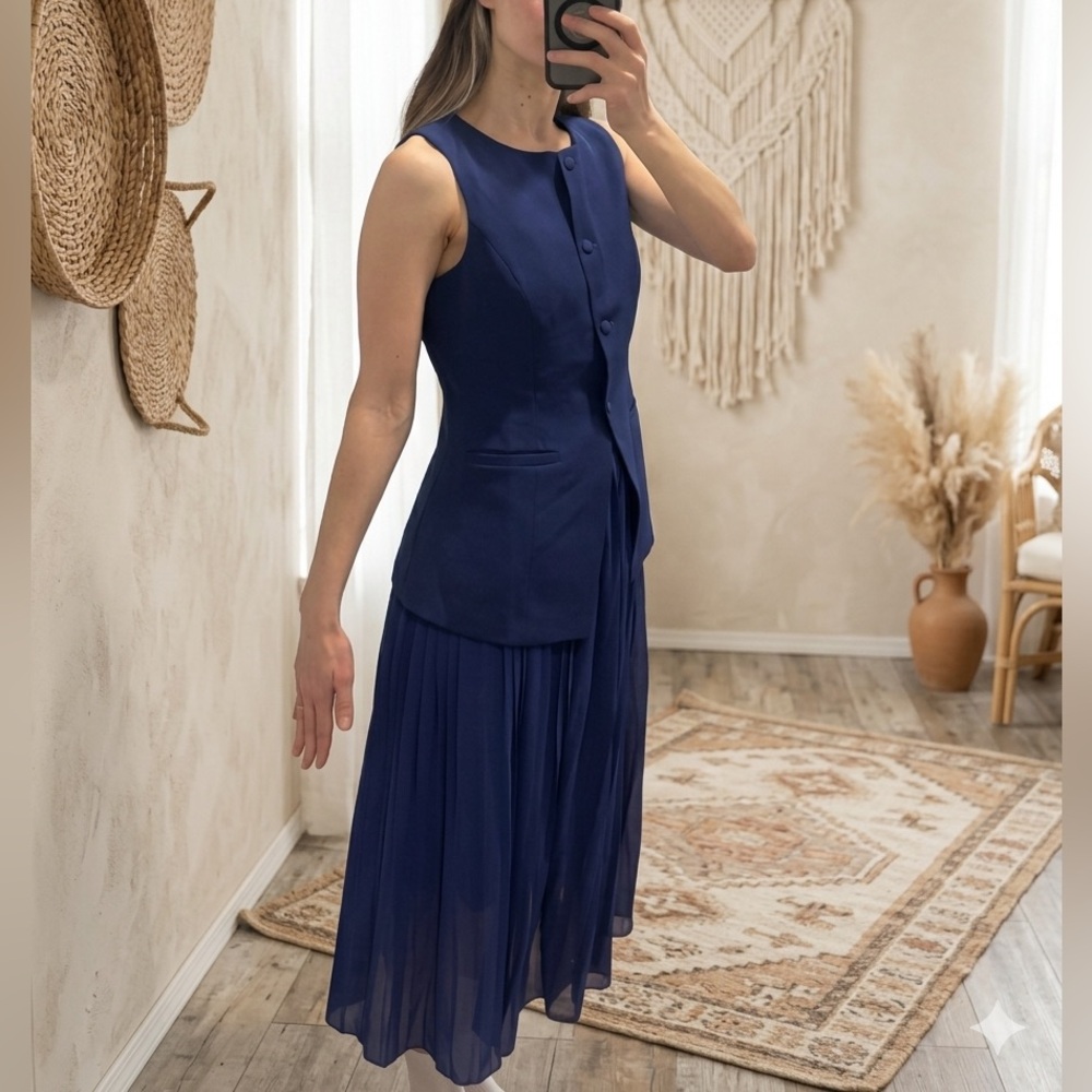Curated Royal Blue Plissé Maxi Skirt & Button-Up Vest Set | Boho Chic Co-ord